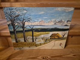 Winterliches Ölgemälde auf Holz, signiert, Schweizer Kunst