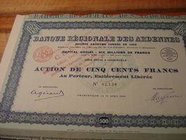 Alte Bankaktie Frankreich, 1929, Banque reg. des Ardennes