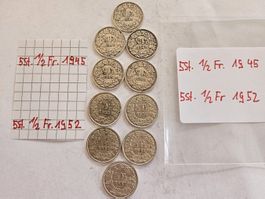 50 Rappen Silbermünzen Schweiz 1945 und 1952, 10 Stück
