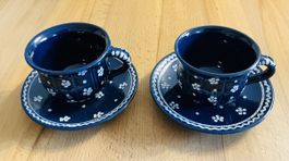 Gmundner Keramik, Dirndlblau, 2xTasse+Unterteller handbemalt