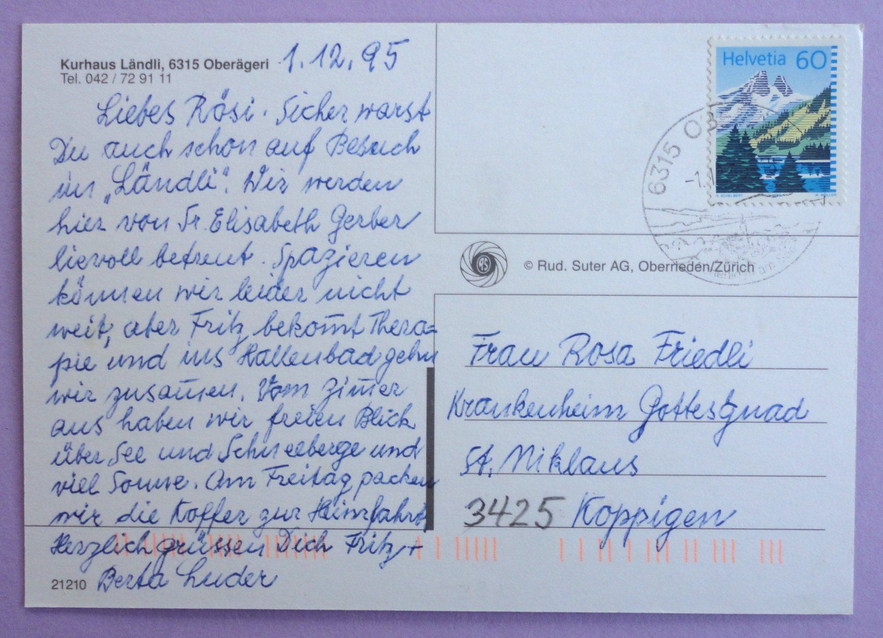 Cartoline postali: Kurhaus Ländli, Oberägeri – Usato da Fétigny venduto da Billy2miny 1