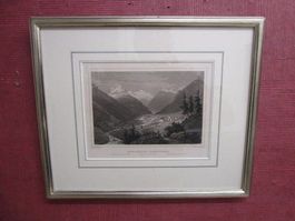 RHEINWALD GLETSCHER - alter Stahlstich - Weissgoldrahmen