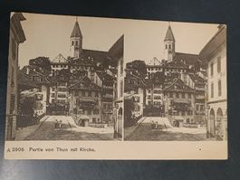 Stereo Postkarte / Partie von Thun mit Kirche ca. 1910