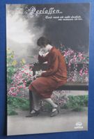 Romantische Vintage Postkarte, Frau "Verlassen" mit Spruch
