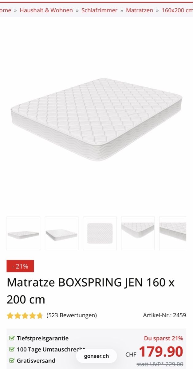 Gonser Materassi: Matratze Boxspring Jen 160x200 – Nuovo e nell'imballaggio originale da Herzogenbuchsee venduto da Adrianrieser