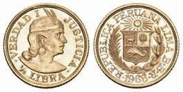 Peru 1968 1/2 Libra Gold 4g selten fast FDC