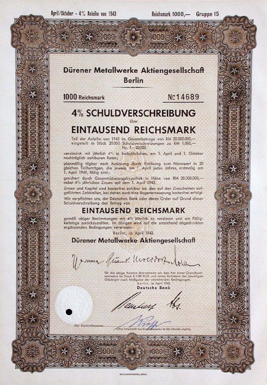 Documenti: Dürener Metallwerke AG, Berlin - 1943 – Usato da Solothurn venduto da Sgasche
