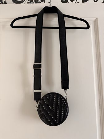 MCM Black Leather Swarovski Crystal Round Shoulder Bag