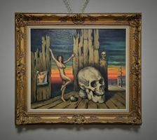 Vintage surrealistisches Aktbild mit Totenkopf, gerahmt