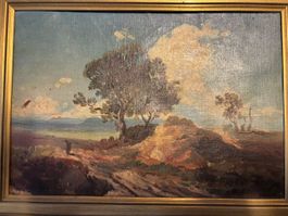 Antico dipinto olio su tela, paesaggio estivo con cornice.