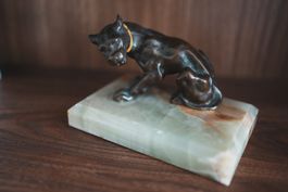 Antike Tierfigur Hund Bronze Onyx Sockel Art Déco Skulptur