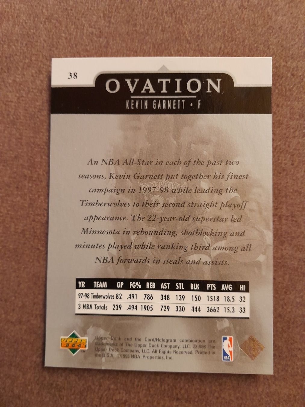 Sammelbilder & Trading cards: Upper Deck Ovation, 1998-99, Nr. 38, Kevin Garnett – Gebraucht aus Neuheim von discovery27 3