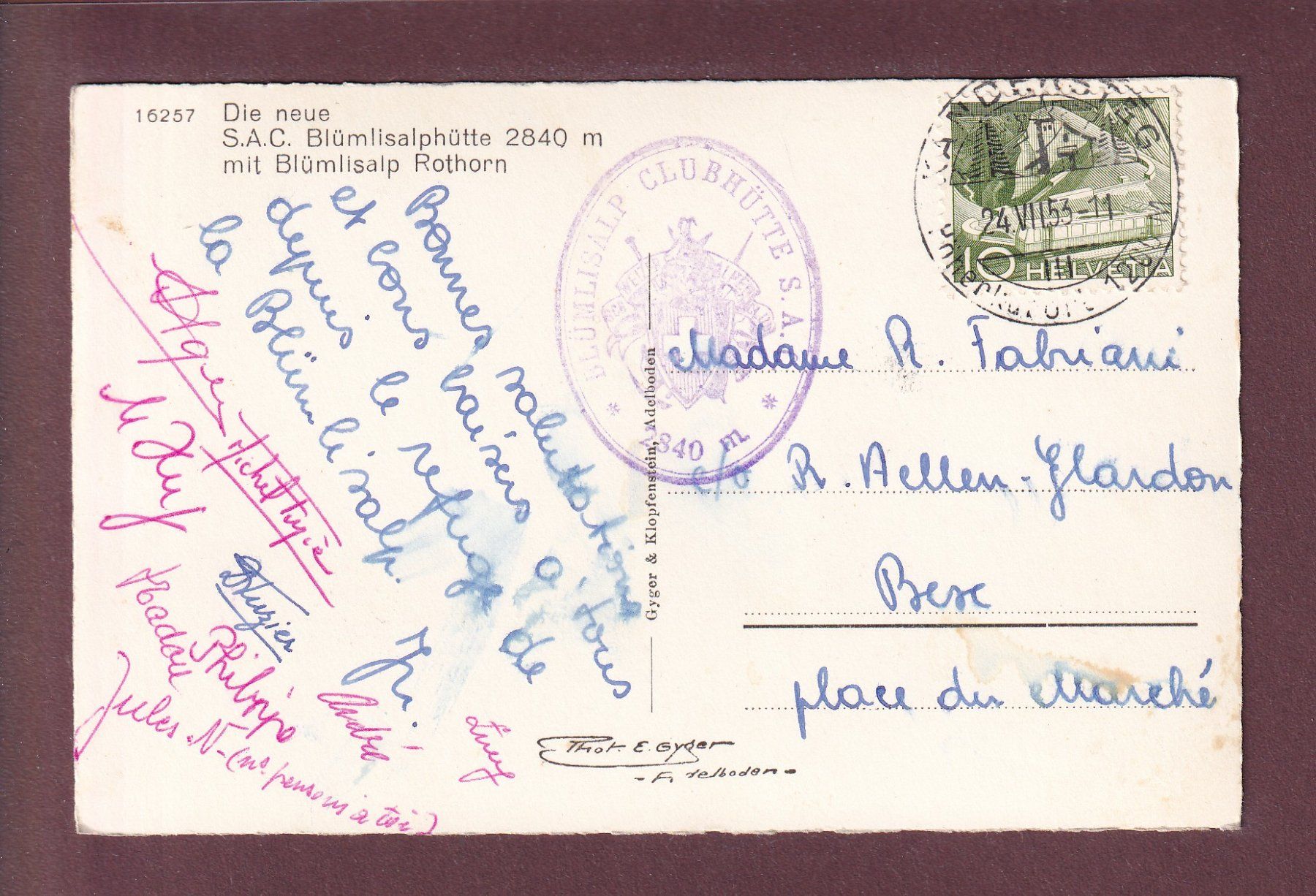Cartoline postali: BLÜMLISALPHÜTTE - 1953 – Usato da Pully venduto da nicecards 1