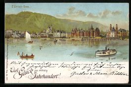 Litho Zürich, See mit Uto, Dampfer und 
