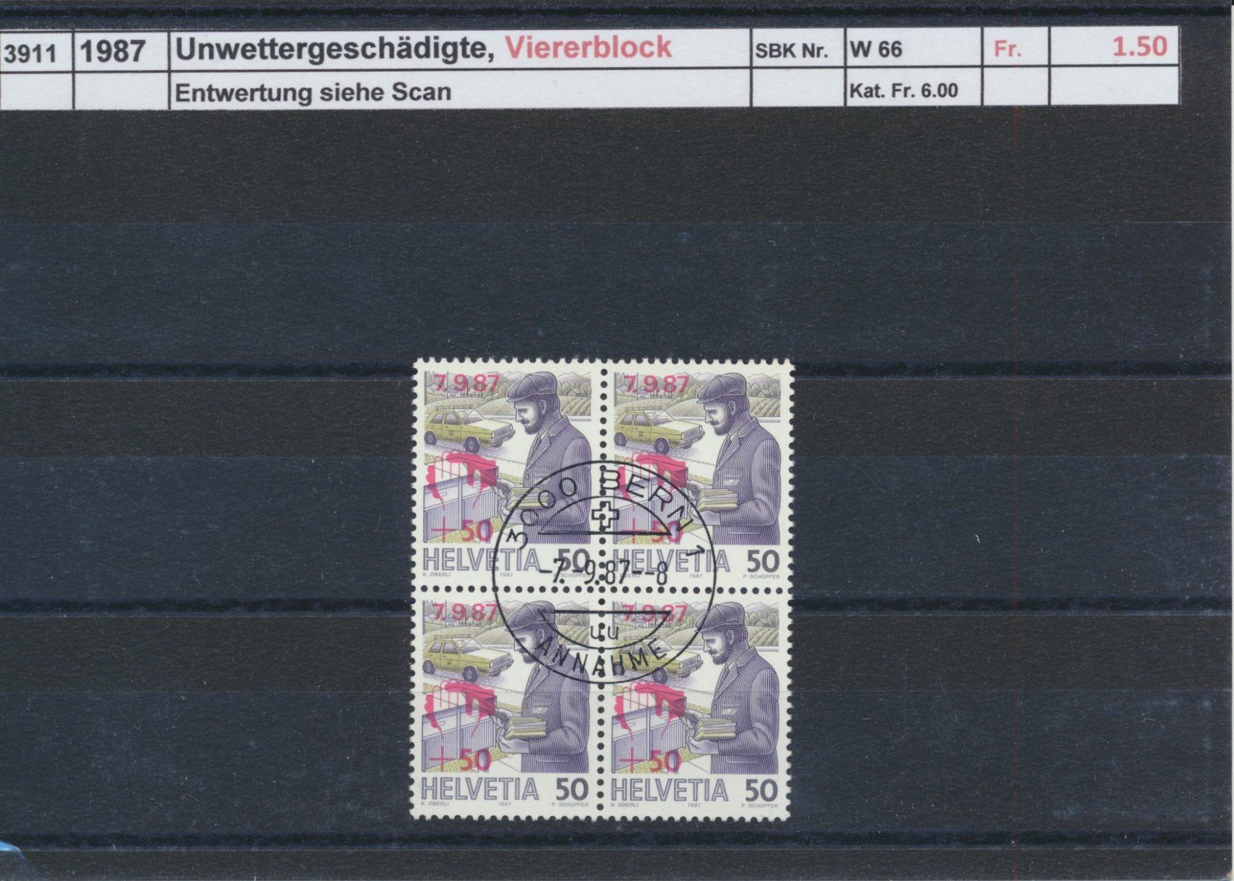 Tutti i francobolli: 1987 "Unwettergeschädigte", Viererblock, ET - Stempel – Usato da Winterthur venduto da Zupogeru