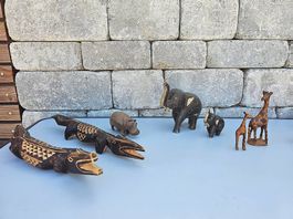 Afrika Deko Set 7 handgeschnitzte Holzfiguren Wildtiere
