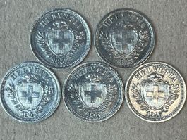 1 Rp. Zink komplette Serie 1942-1946 in Stempelglanz stgl