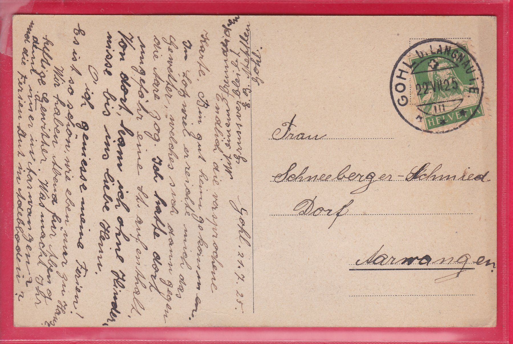 Cartoline postali: GOHL BEI LANGNAU, 22.7.1925 – Usato da Oberrieden venduto da Gebirgsstelze 1