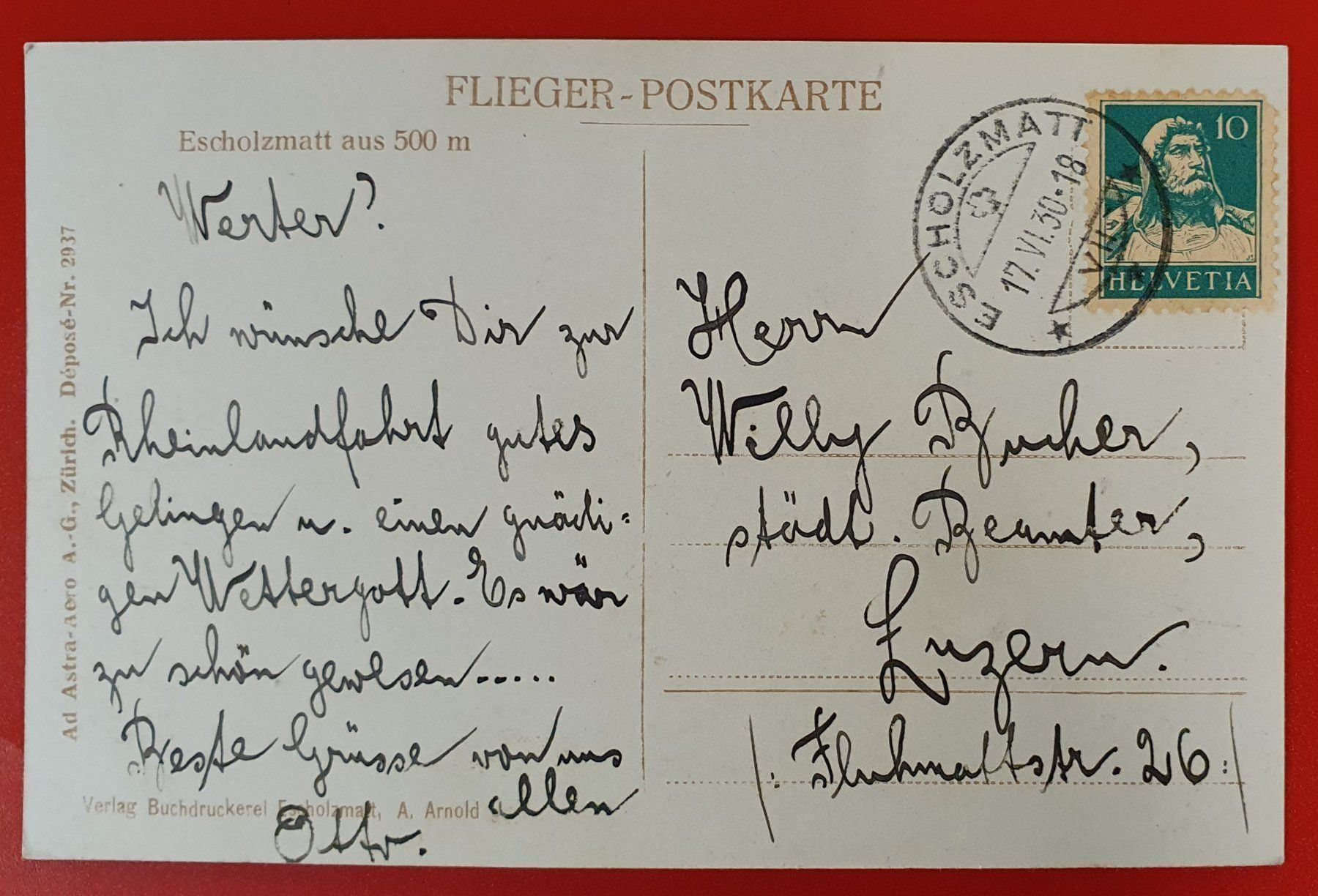 Cartoline postali: Escholzmatt - Flieger-Postkarte 1930 – Usato da Kreuzlingen venduto da Rschweiz1 1