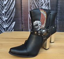 Damen Stiefeletten schwarz Totenkopf Stickerei Grösse 35