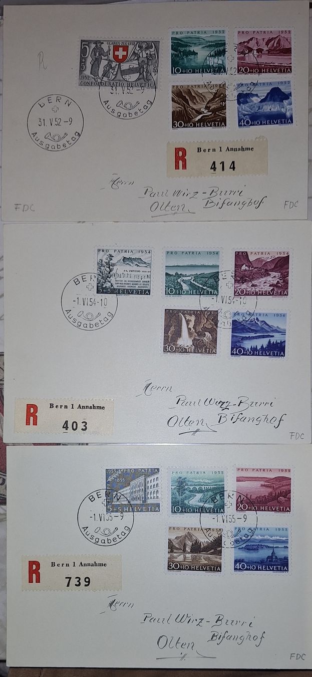 Tutti i francobolli: Pro Patria FDC 1952 / 1954 / 1955 – Usato da Balgach venduto da SIMEON27