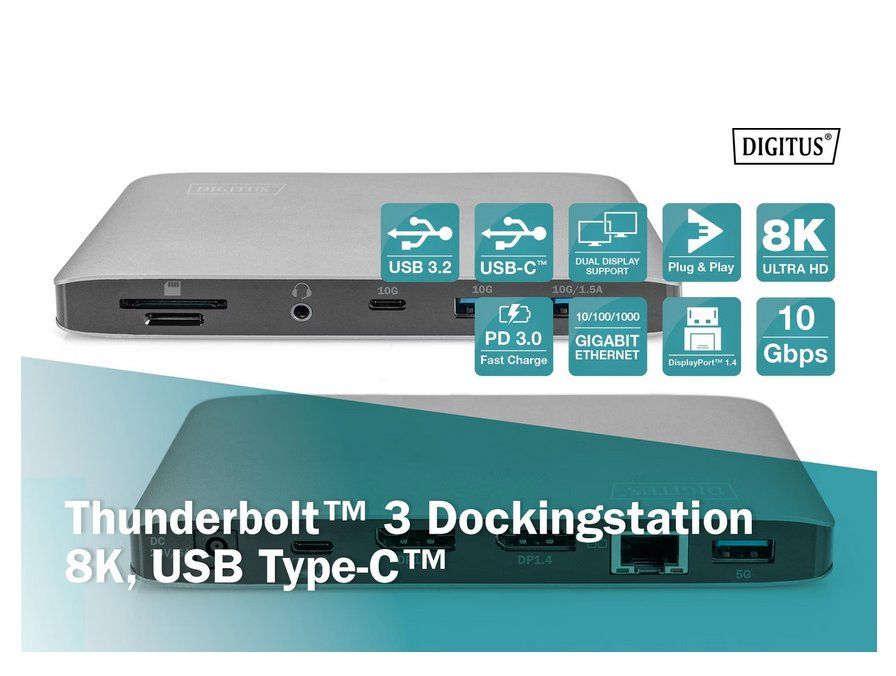Docking station: Digitus DA-70895 Dockingstation - Thunderbolt 3 USB-C [NEU] – Nuovo e nell'imballaggio originale da Diessenhofen venduto da EightBits