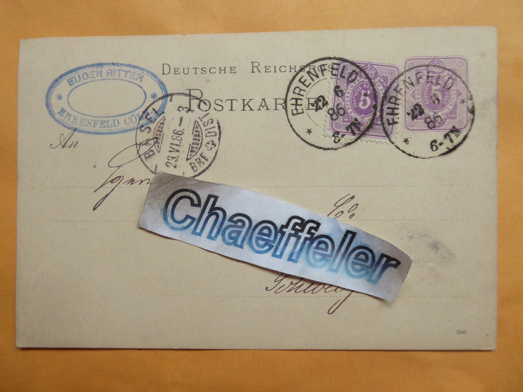 Cartoline postali: Deutsche Postkarte 1886 – Usato da Zürich venduto da Chaeffeler
