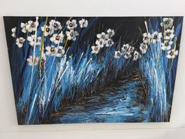 Gemälde auf Leinwand Blumenmotiv blau weiss modern