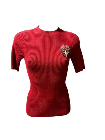 Sandro Paris Strickpullover, Rot mit Rose, Grösse 1 (S) ❤️
