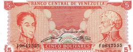 Venezuela 5 Bolivares 1989 7-stellige Serie P-70a UNZ