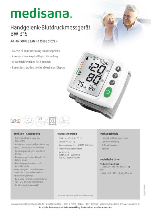 Blutdruckmessgerät Unterarm BW 315 Medisana | Kaufen auf Ricardo