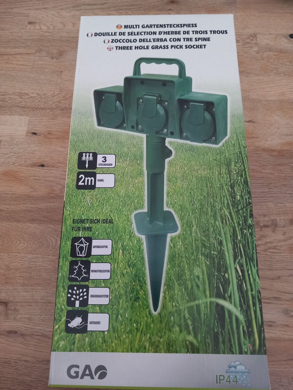 Spine: Gartensteckspiess mit 3 Steckdosen – Nuovo e nell'imballaggio originale da Thun venduto da Beas-Allerlei