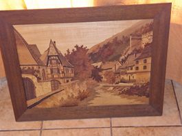 Holzbild Intarsie Dorfansicht Kaysersberg Joseph Aufderbuck.
