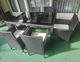 Gartentisch Set Rattan schwarz 6 Stühle Glasplatte gebraucht