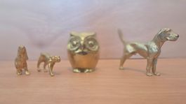 Vintage Messing Tierfiguren Set – Eule, Hunde & Vogel –Retro