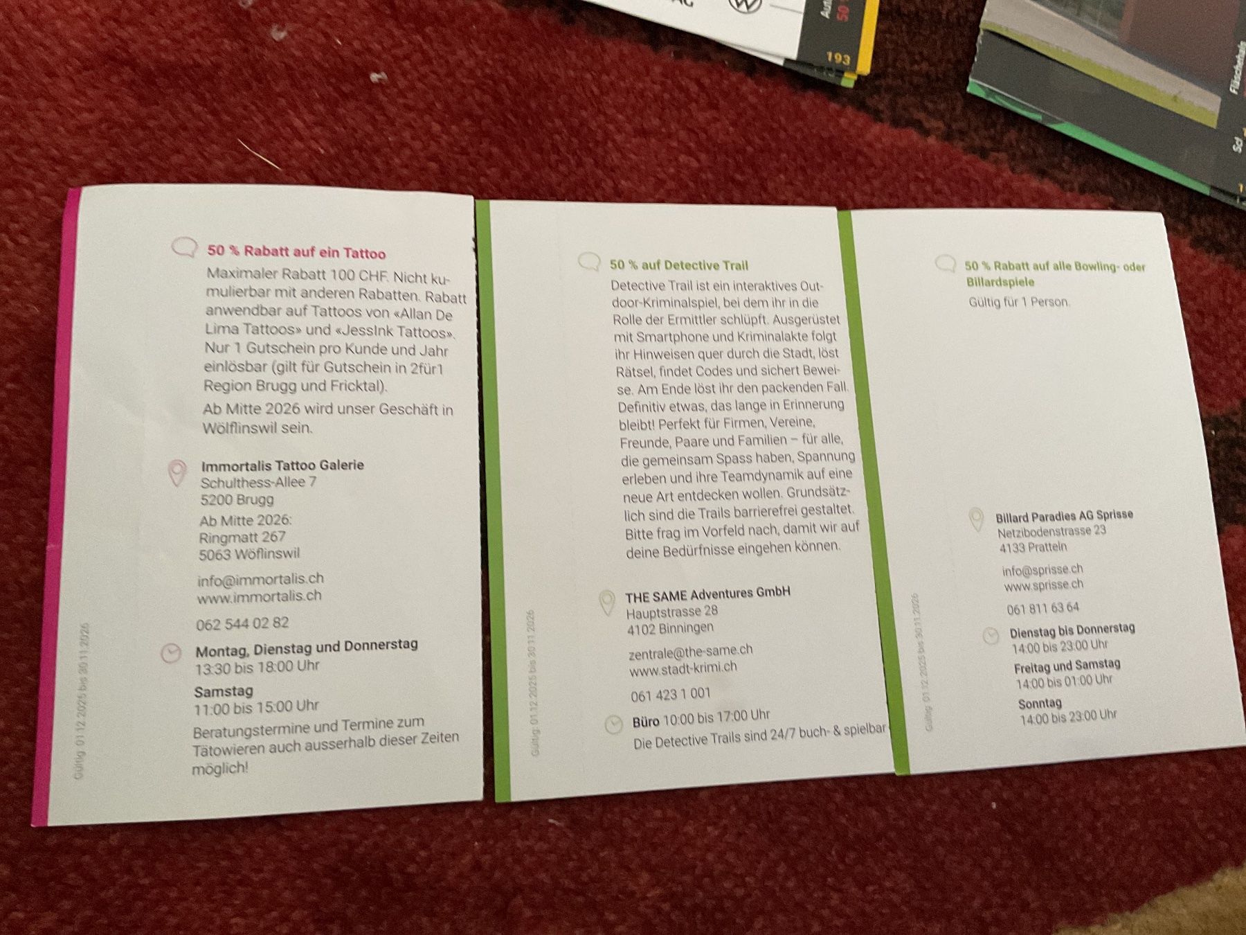 Buoni: 8 bons de réductions à Pratteln, Basel et Binningen – Nuovo (secondo la descrizione) da Düdingen venduto da Yellow 6