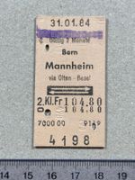 Altes Bahnbillett Bern - Mannheim via Olten Basel, 31.1.1984