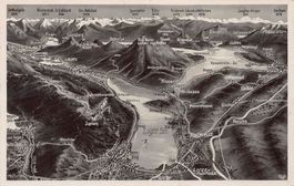 Vogelschau-AK: Zuger- & Vierwaldstättersee, gelaufen 1938