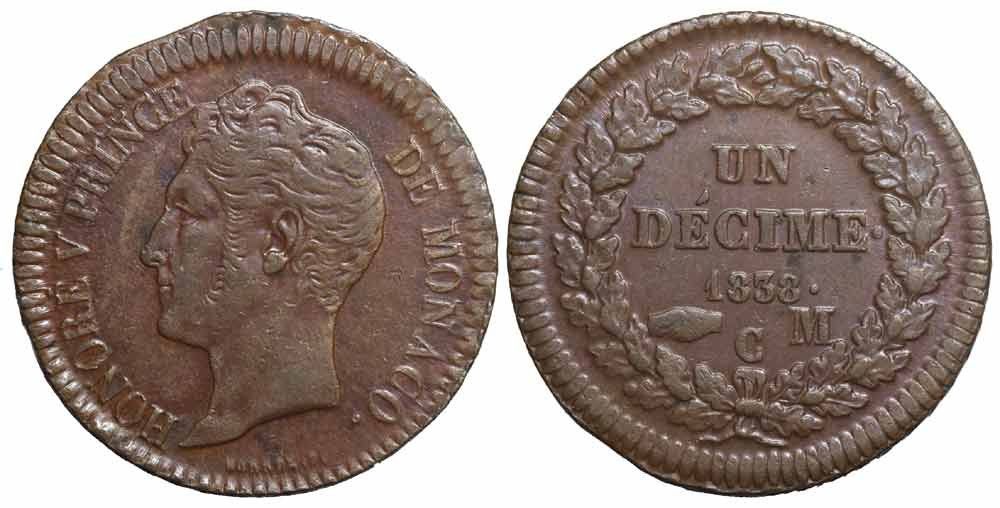 Tutti le monete: Monaco, Honoré V, Décime 1838 C (004) – Usato da Chiasso venduto da Novamarketing