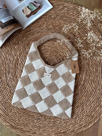Crocheted Bag White Checkered Pattern Handbag