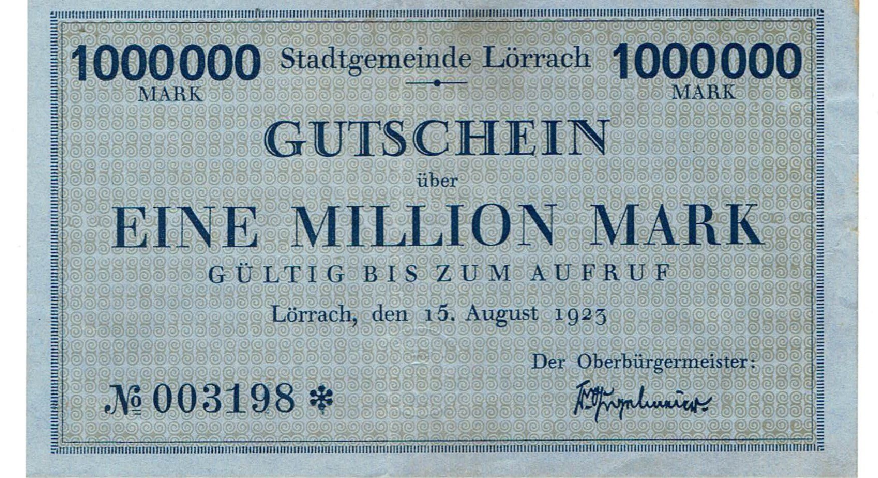 Banconote: Lörrach 1 Mil.Mark 15.08.1923 VZ+-VZ++ – Usato da Steffisburg venduto da ber_8htf