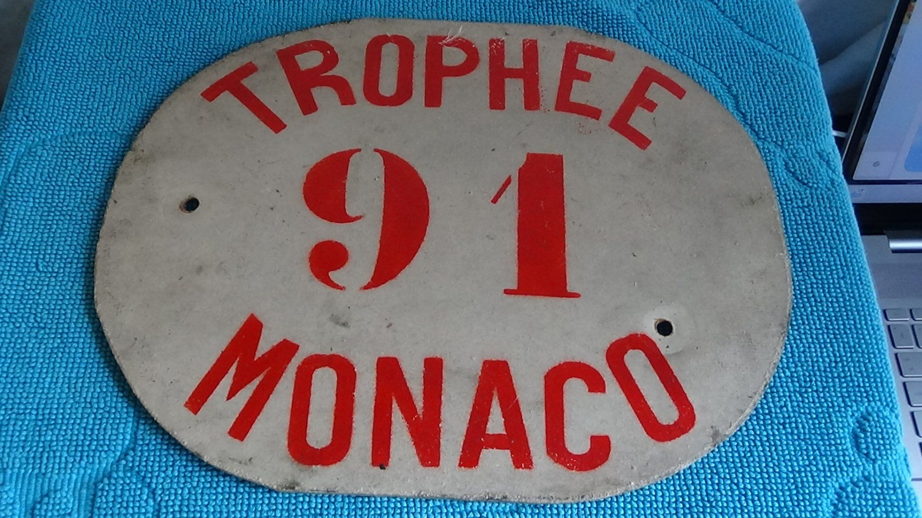 Insegne: Trophäe Monaco 91 altes Rennschild Motorrad Auto . – Usato da Wiedlisbach venduto da Bobesch10 1