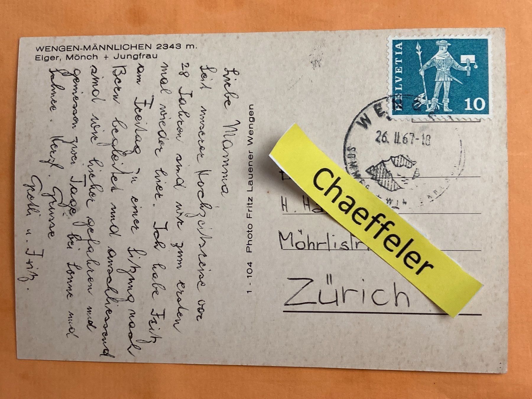 Cartoline postali: 1967 Wengen-Männlichen. Eiger, Mönch + – Usato da Zürich venduto da Chaeffeler 1