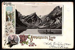 Lithographie Appenzell, Seealpsee mit Ruderboot