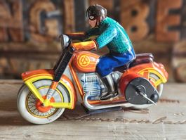 Jouet mécanique ancien en tôle – Moto avec side-car