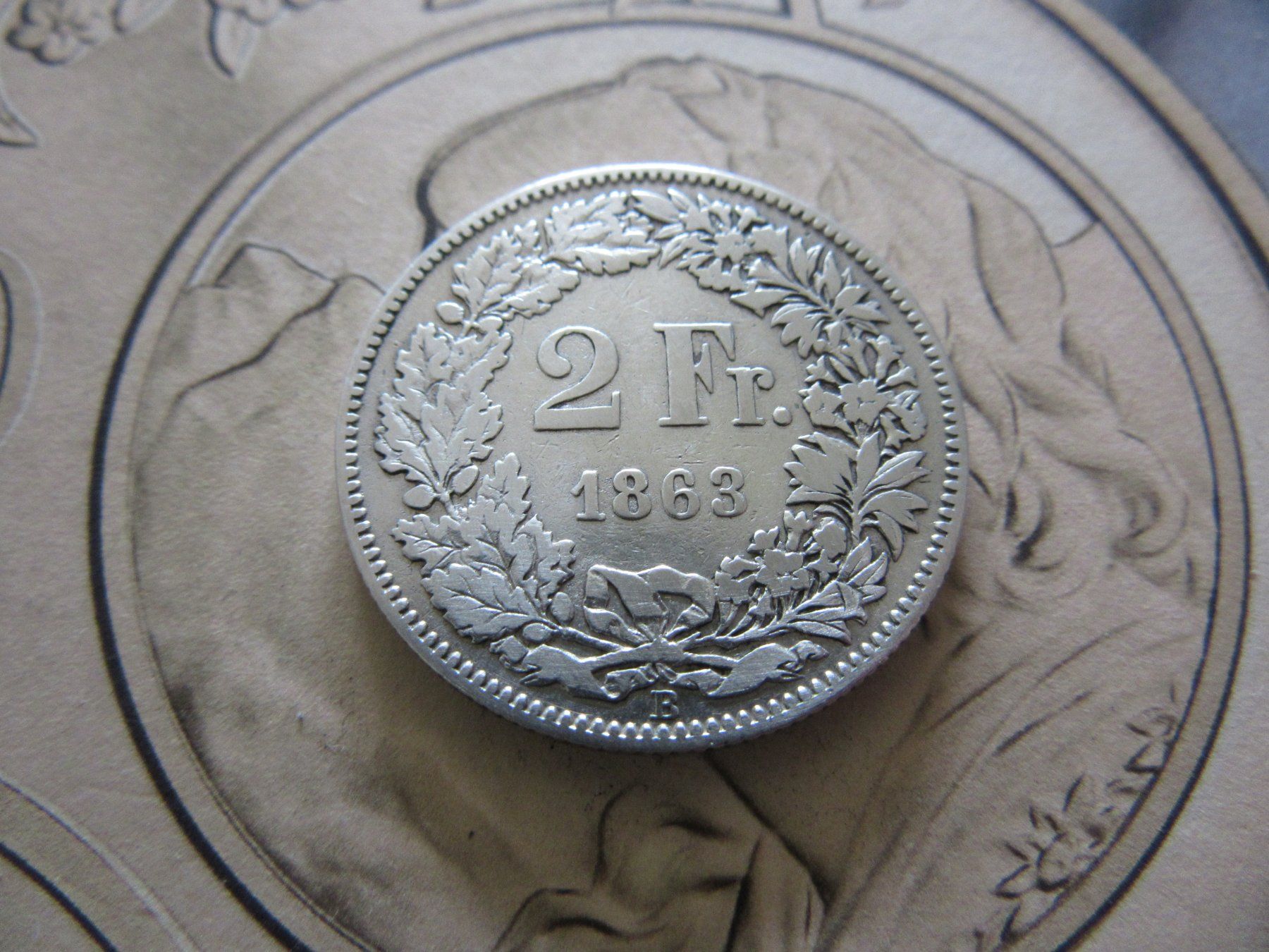 Tutti le monete: 2 FRANKEN 1863 SCHWEIZ AG 800 SILVER – Usato da châtelaine venduto da VrenliNumis86