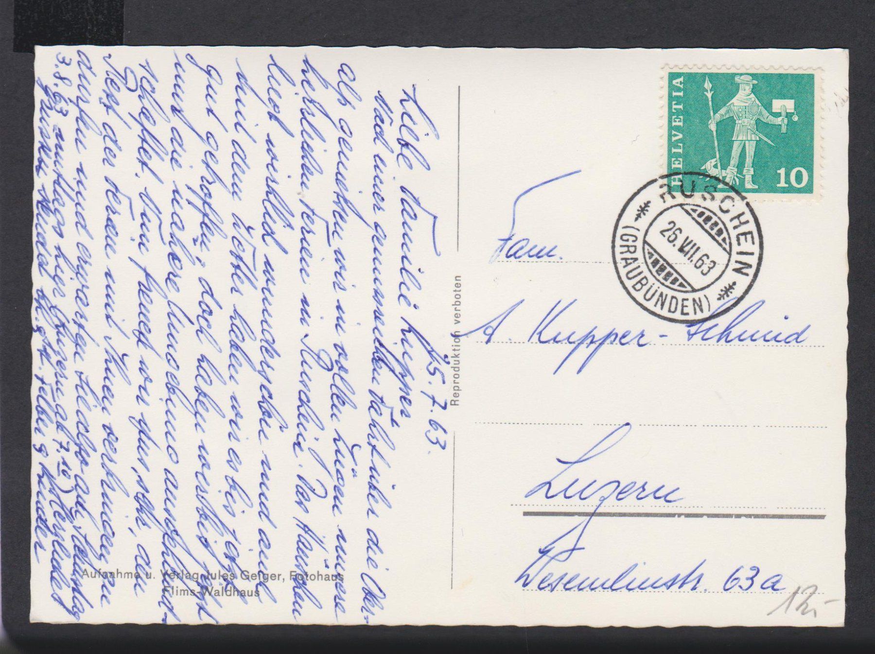 Ansichtskarten: Ruschein  GR   -   alte Ansichtskarte gest. 1963 – Gebraucht aus Vitznau von Ropaku 1