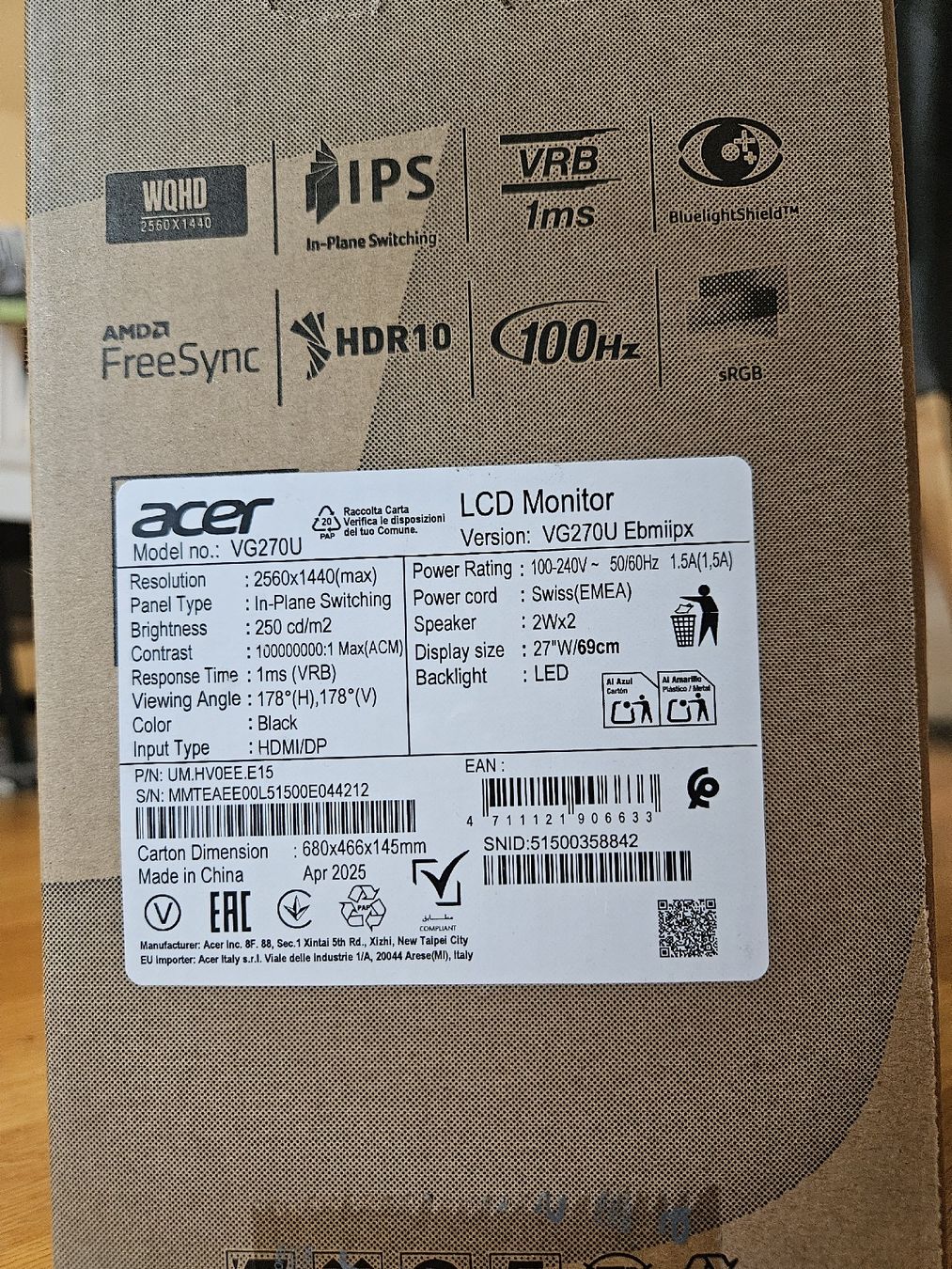 Acer Monitor: ACER Nitro 27" VG270U – Nuovo e nell'imballaggio originale da Unterentfelden venduto da Rednim01 4