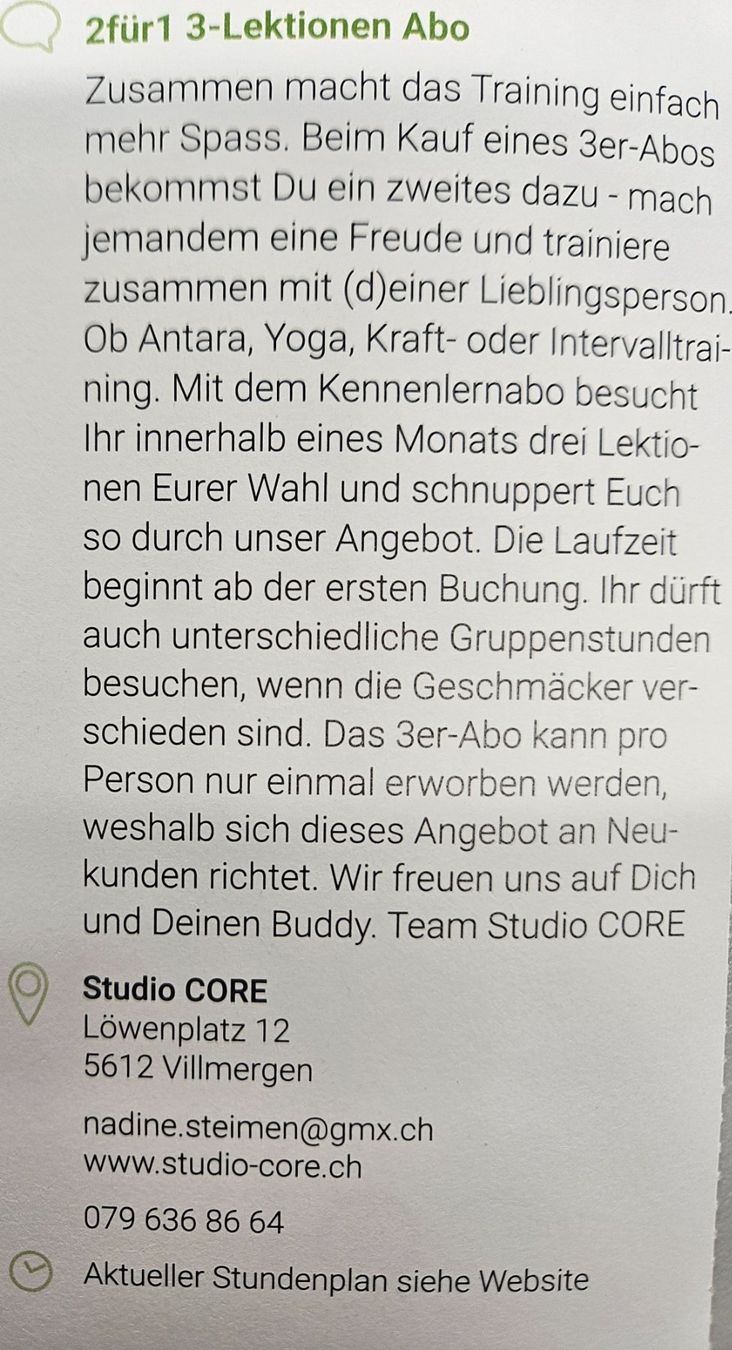 Buoni: 2 für 1 3Lektion Abo Taining Studio CORE Villmergen – Nuovo e nell'imballaggio originale da Uezwil venduto da Jasmin_ 1