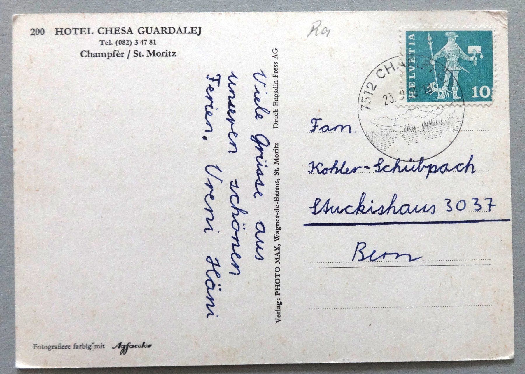 Cartoline postali: Hotel Chesa Guardalej, Champfèr/St. Moritz – Usato da Fétigny venduto da Billy2miny 1